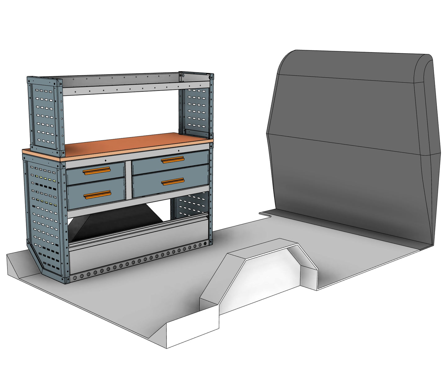 Nearside workstation unit, 4 drawers and 1 shelf, 1237H x 1250W x 435/335D mm, from the Vivaro, Expert, Dispatch L Van Workstation Racking kit