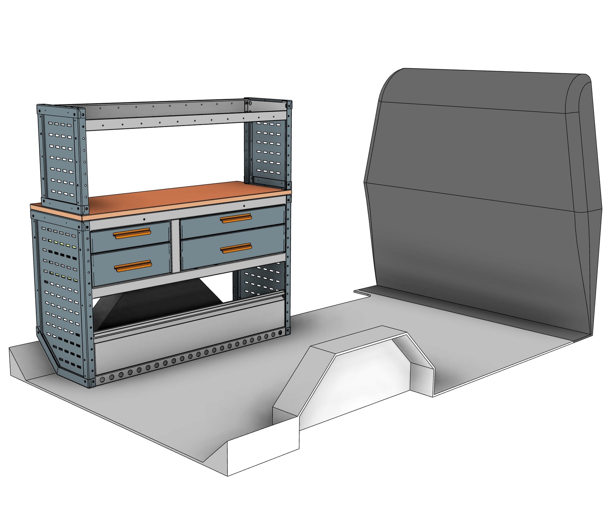 Nearside workstation unit, 4 drawers and 1 shelf, 1237H x 1250W x 435/335D mm, from the Vivaro, Expert, Dispatch L Van Workstation Racking kit