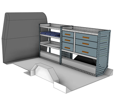 Offside workstation unit, 6 drawers and 4 shelves, 1050H x 2250W x 435D mm, from the Vivaro, Expert, Dispatch L Van Workstation Racking kit