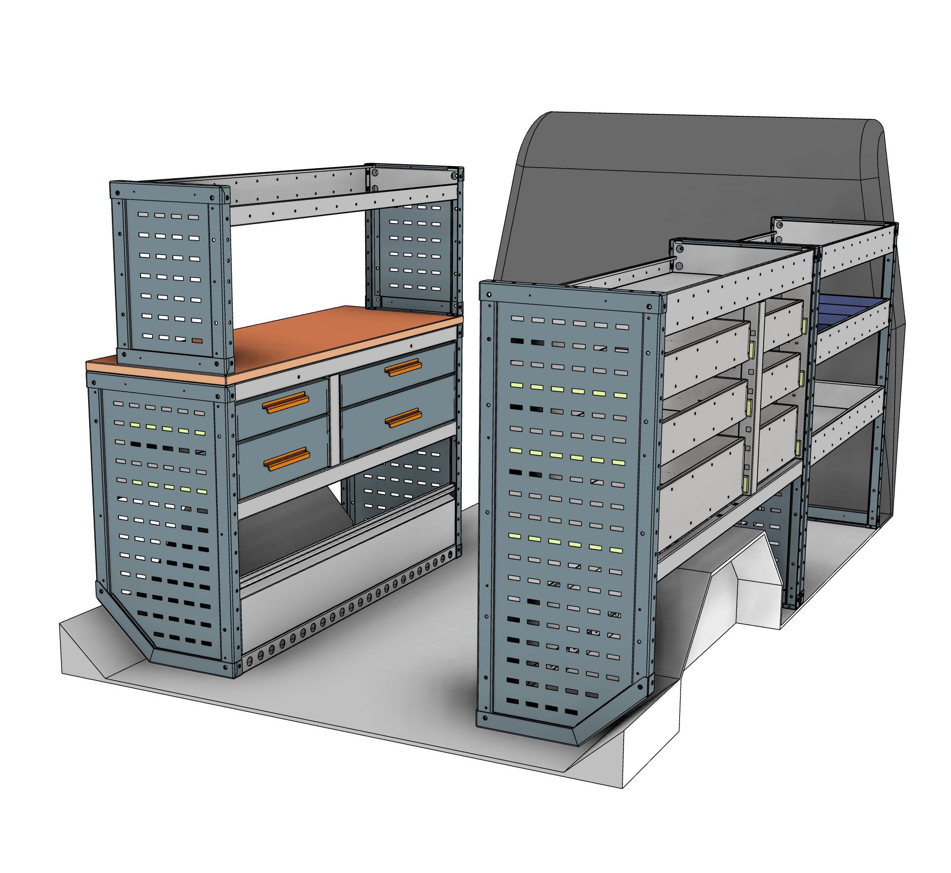 Vivaro, Expert, Dispatch L Van Workstation Racking full kit, nearside and offside workstation units shown in the van layout