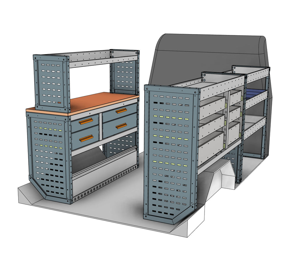Vivaro, Expert, Dispatch L Van Workstation Racking full kit, nearside and offside workstation units shown in the van layout