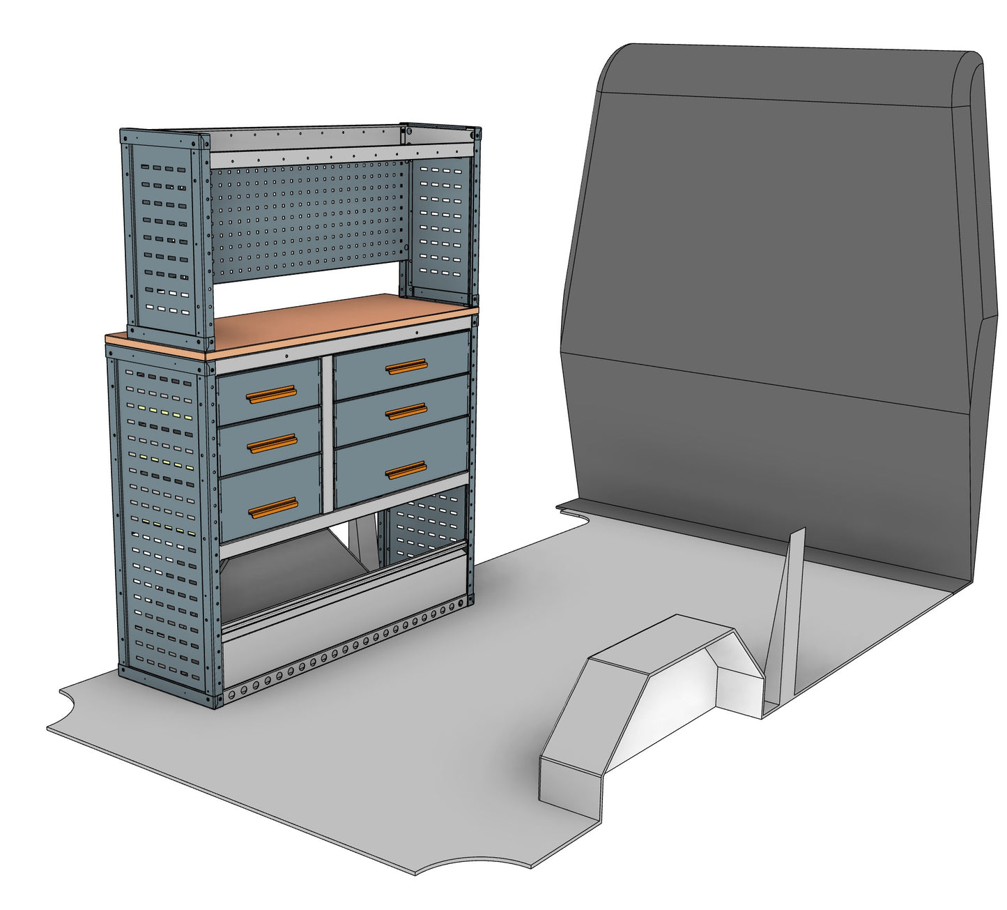 Nearside workstation unit, 6 drawers and 1 shelf, 1680H x 1250W x 435/335D mm, from the Transit, Sprinter L2H2/H3 Van Workstation Racking kit