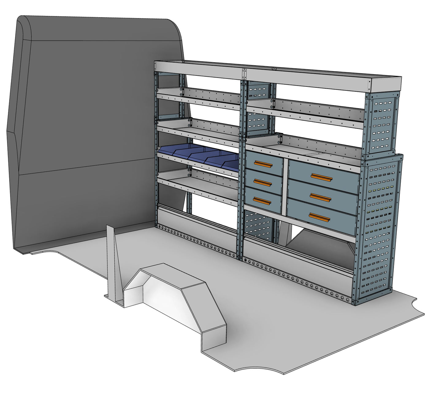 Offside workstation unit, 6 drawers and 6 shelves, 1610H x 2500W x 435/335D mm, from the Transit, Sprinter L2H2/H3 Van Workstation Racking kit