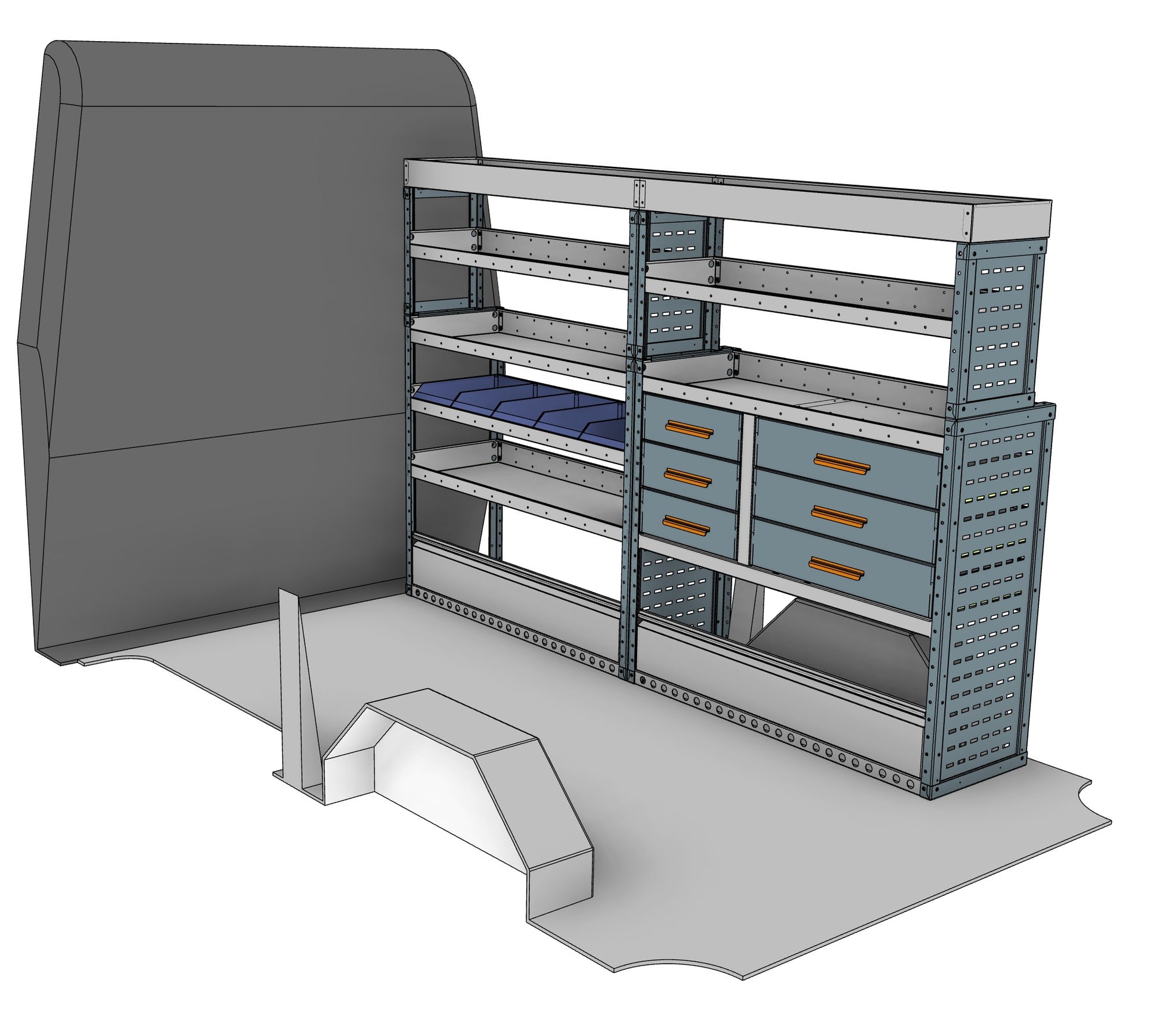 Offside workstation unit, 6 drawers and 6 shelves, 1610H x 2500W x 435/335D mm, from the Transit, Sprinter L2H2/H3 Van Workstation Racking kit