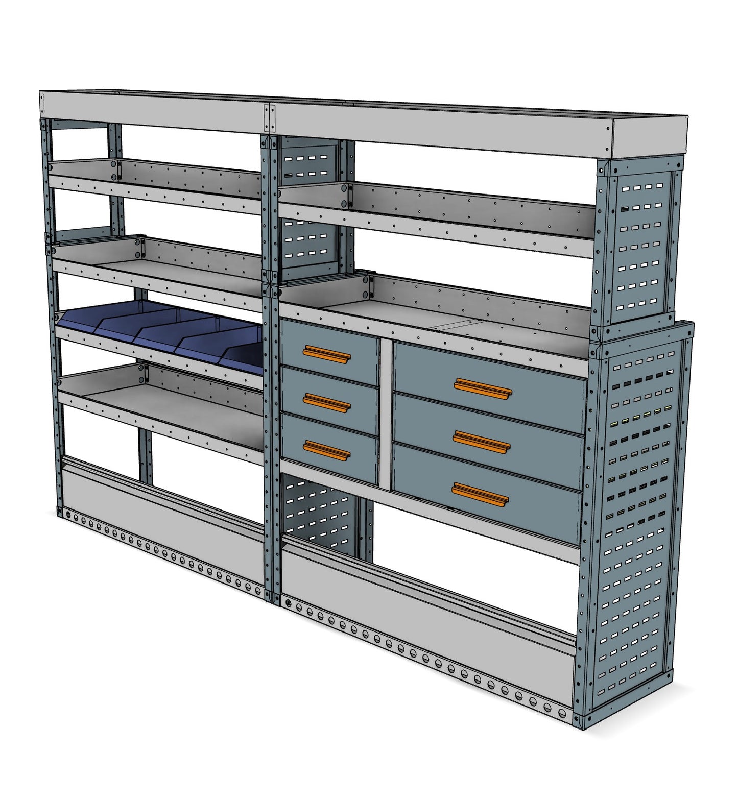 Offside workstation unit, 6 drawers and 6 shelves, 1610H x 2500W x 435/335D mm, from the Transit, Sprinter L2H2/H3 Van Workstation Racking kit, view 2