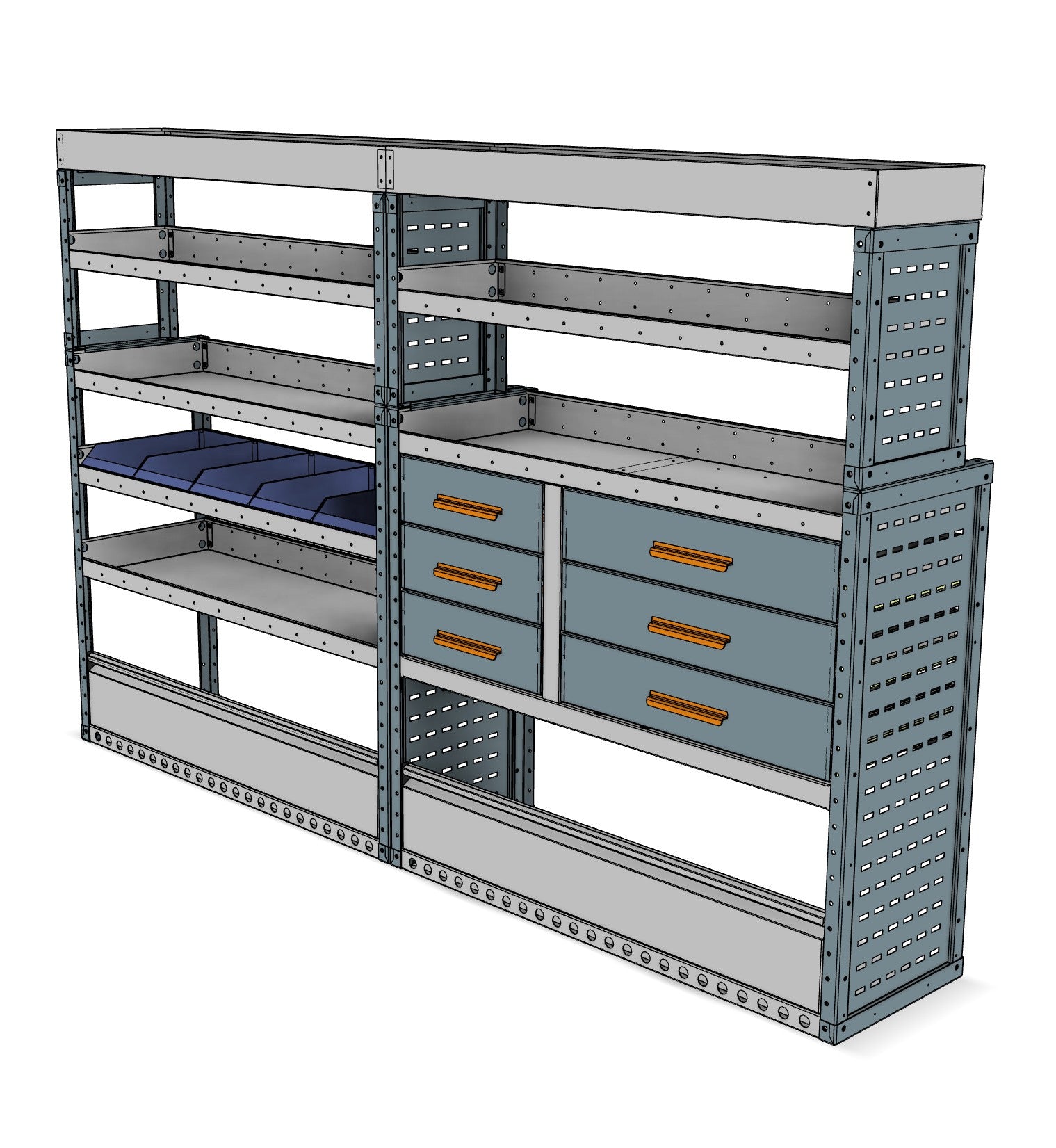 Offside workstation unit, 6 drawers and 6 shelves, 1610H x 2500W x 435/335D mm, from the Transit, Sprinter L2H2/H3 Van Workstation Racking kit, view 2