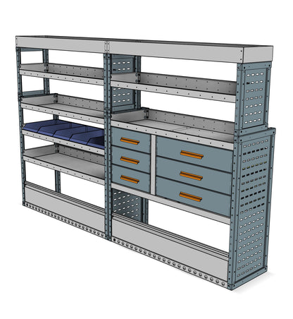 Offside workstation unit, 6 drawers and 6 shelves, 1610H x 2500W x 435/335D mm, from the Transit, Sprinter L2H2/H3 Van Workstation Racking kit, view 2