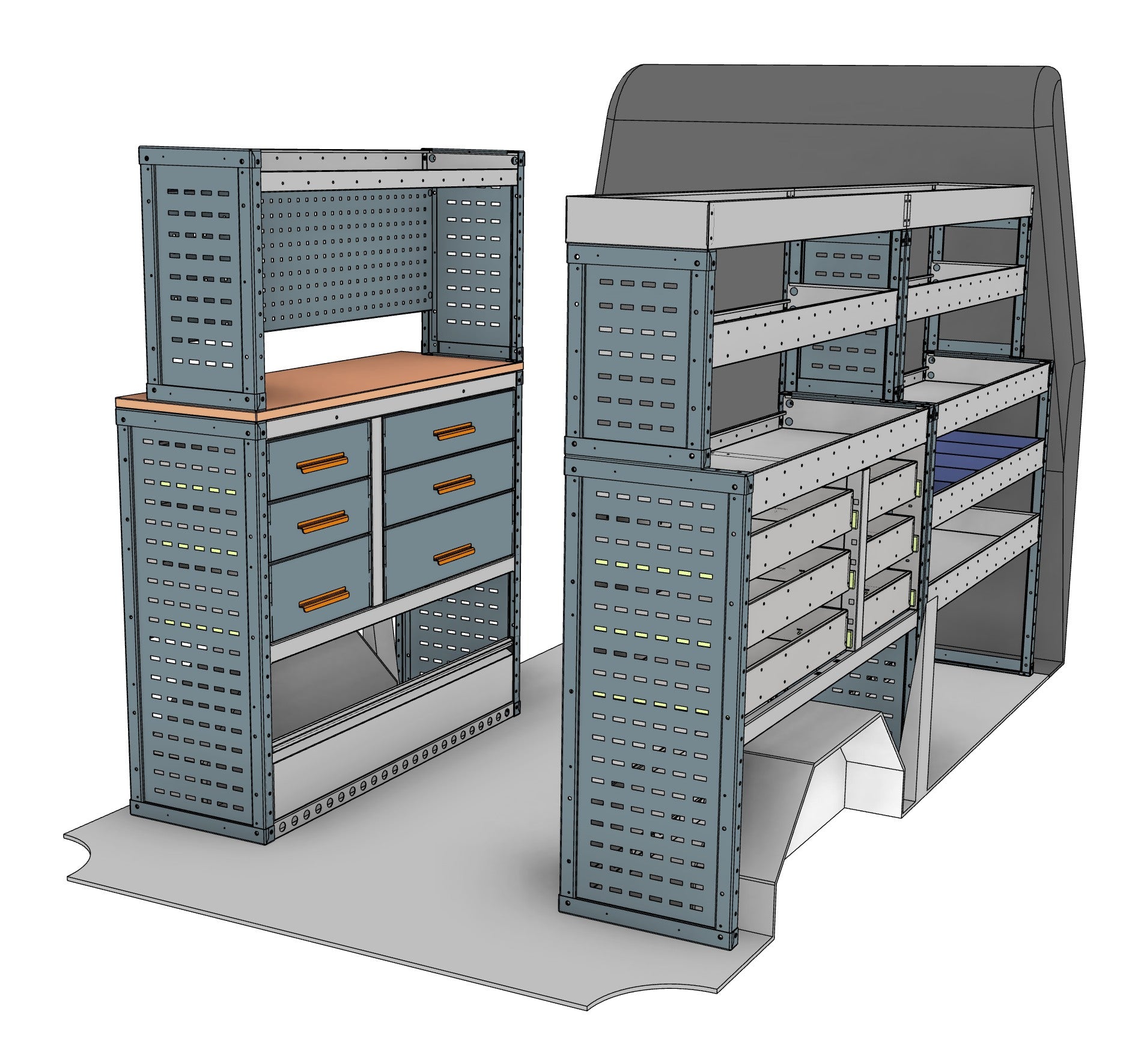 Transit, Sprinter L2H2/H3 Van Workstation Racking full kit, nearside and offside workstation units shown in the van layout
