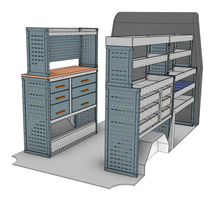 Transit, Sprinter L2H2/H3 Van Workstation Racking full kit, nearside and offside workstation units shown in the van layout