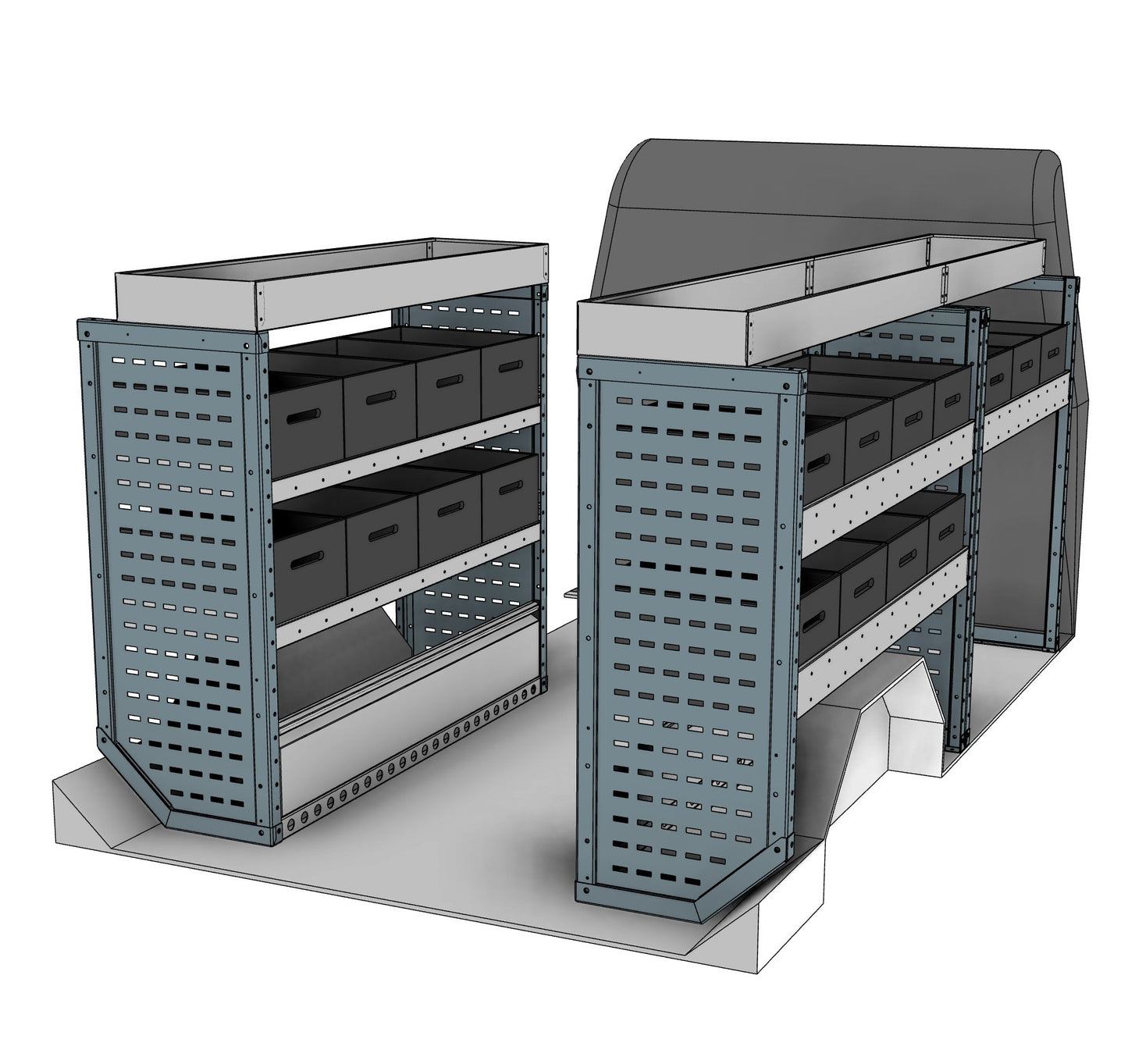 Vivaro, Expert, Dispatch L Van Eurobin Racking full kit, nearside and offside eurobin shelving units shown in the van layout