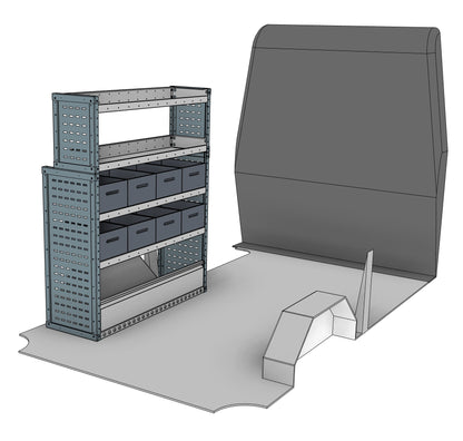 Nearside eurobin shelving unit, 4 shelves, 1500H x 1250W x 435/335D mm, from the Transit, Sprinter L2H2/H3 Van Eurobin Racking kit