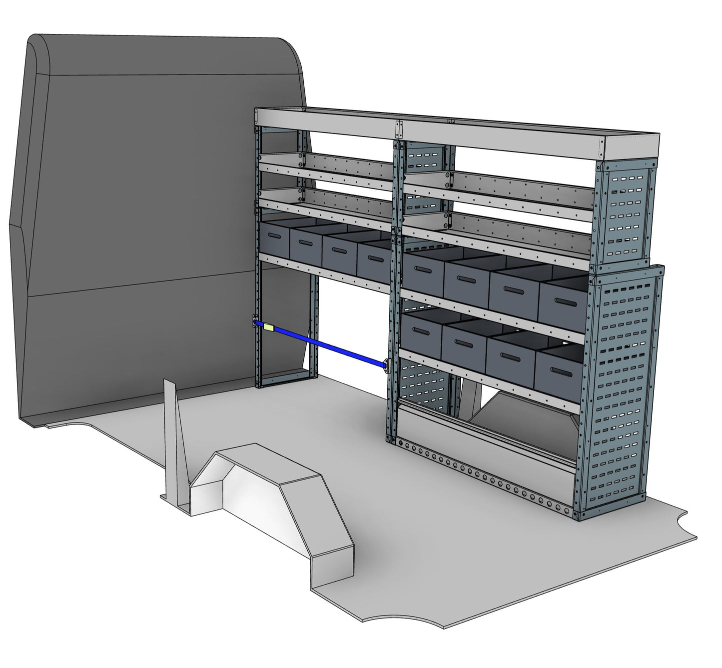 Offside eurobin shelving unit, 7 shelves, 1600H x 2500W x 435/335D mm, from the Transit, Sprinter L2H2/H3 Van Eurobin Racking kit