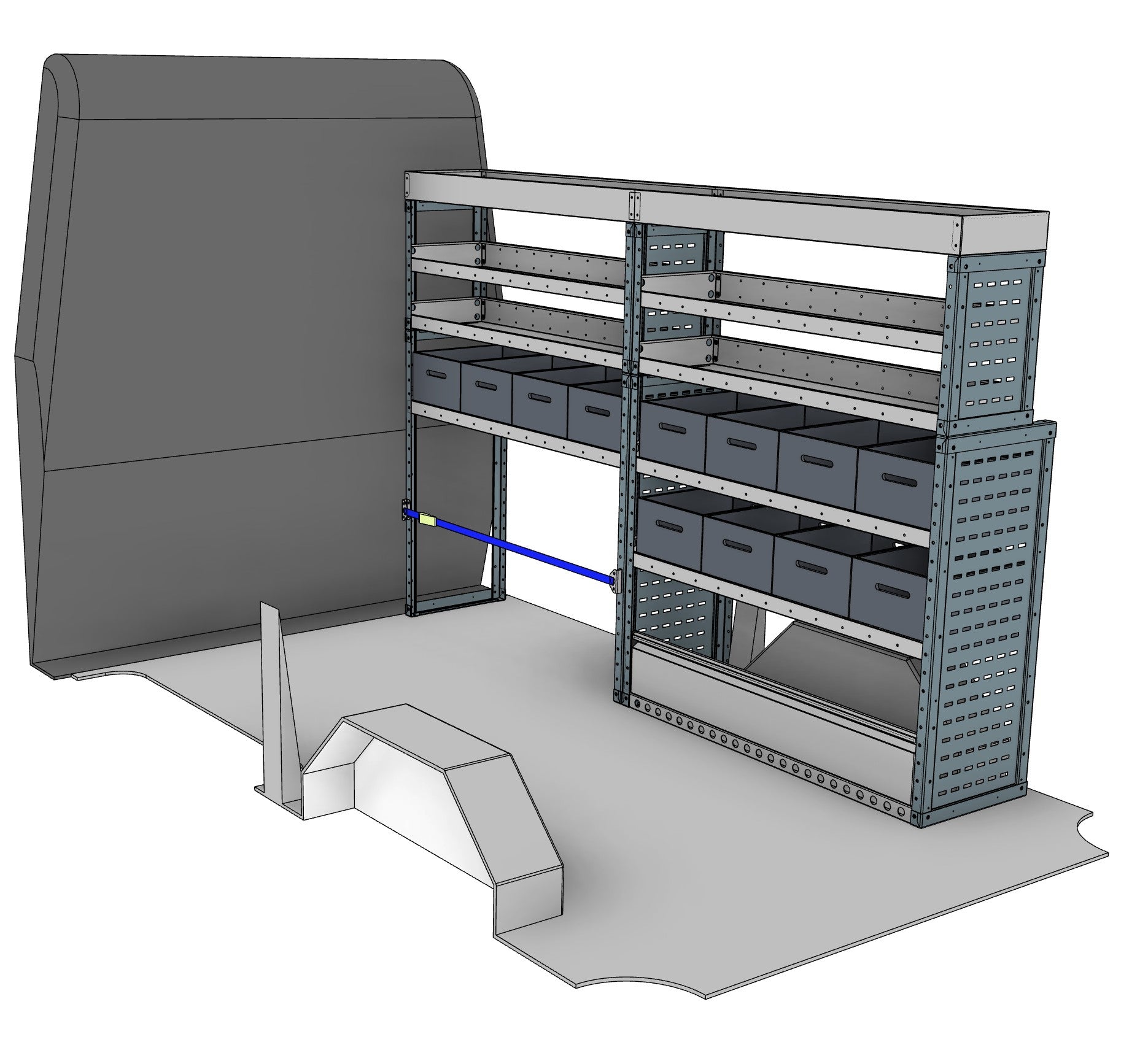 Offside eurobin shelving unit, 7 shelves, 1600H x 2500W x 435/335D mm, from the Transit, Sprinter L2H2/H3 Van Eurobin Racking kit