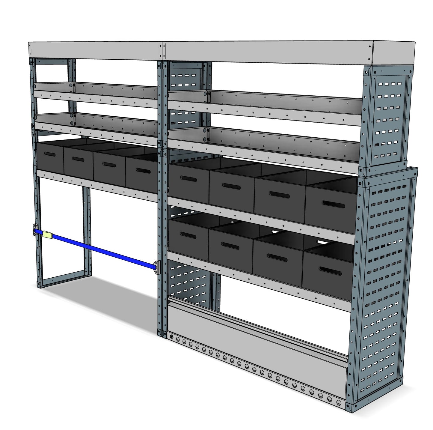 Offside eurobin shelving unit, 7 shelves, 1600H x 2500W x 435/335D mm, from the Transit, Sprinter L2H2/H3 Van Eurobin Racking kit, view 2
