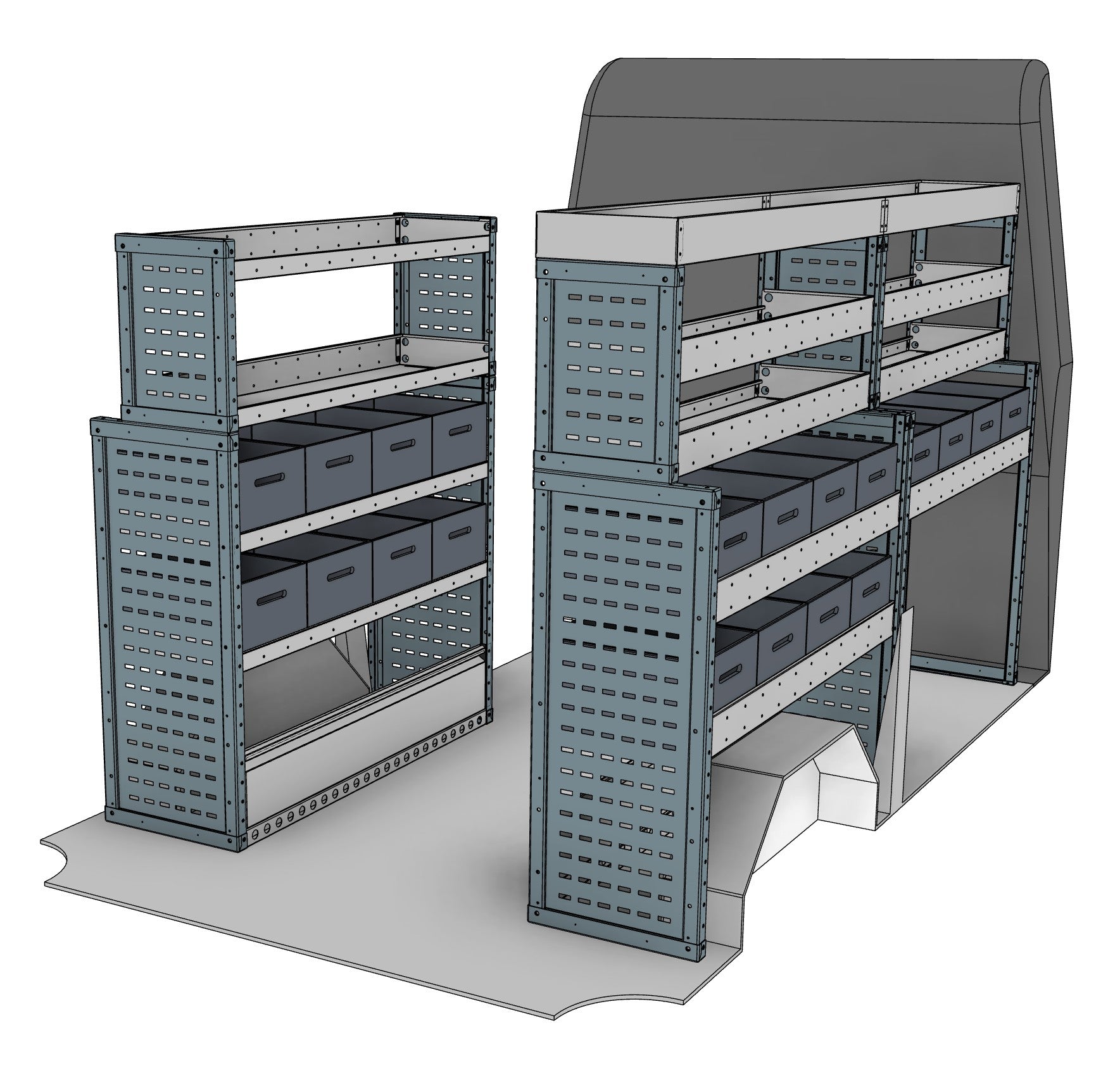 Transit, Sprinter L2H2/H3 Van Eurobin Racking full kit, nearside and offside eurobin shelving units shown in the van layout