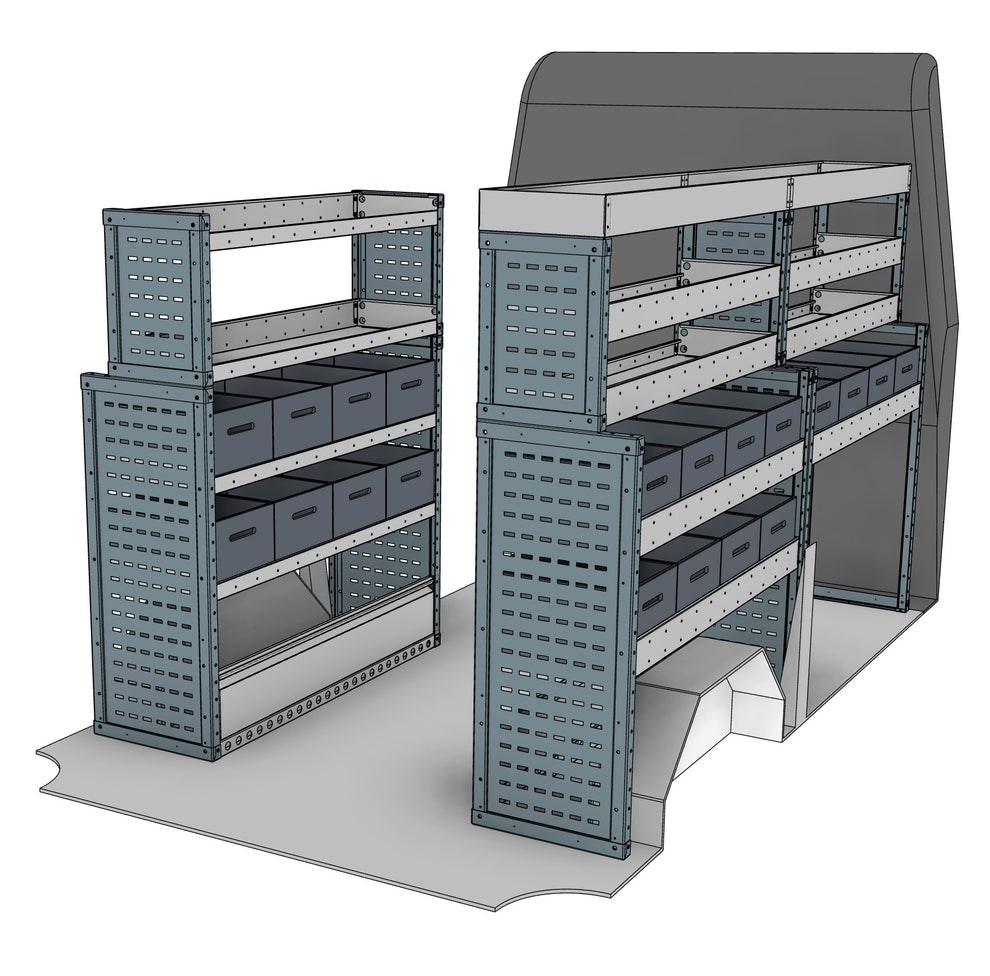 Transit, Sprinter L2H2/H3 Van Eurobin Racking full kit, nearside and offside eurobin shelving units shown in the van layout
