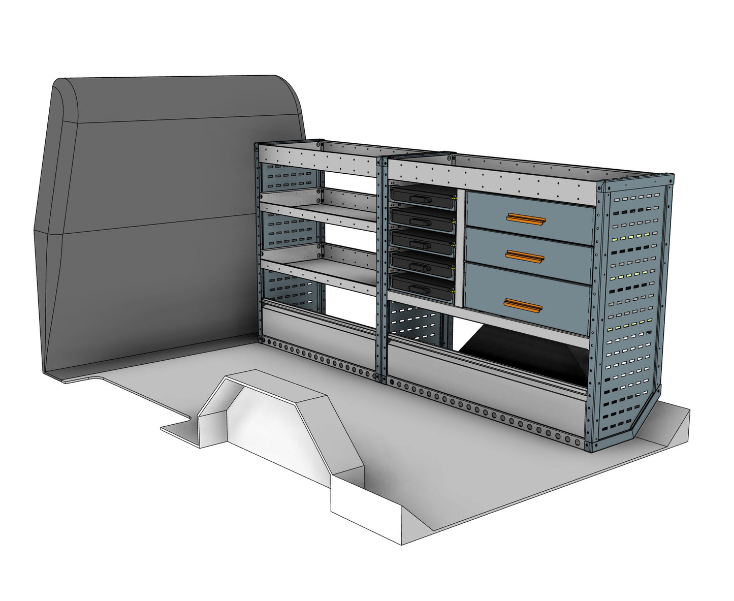 Offside service unit, 3 drawers and 2 shelves, 1050H x 2250W x 435D mm, from the Vivaro, Expert, Dispatch L Van Service Racking kit