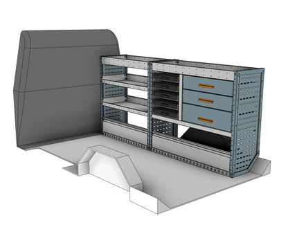 Offside service unit, 3 drawers and 2 shelves, 1050H x 2250W x 435D mm, from the Vivaro, Expert, Dispatch L Van Service Racking kit