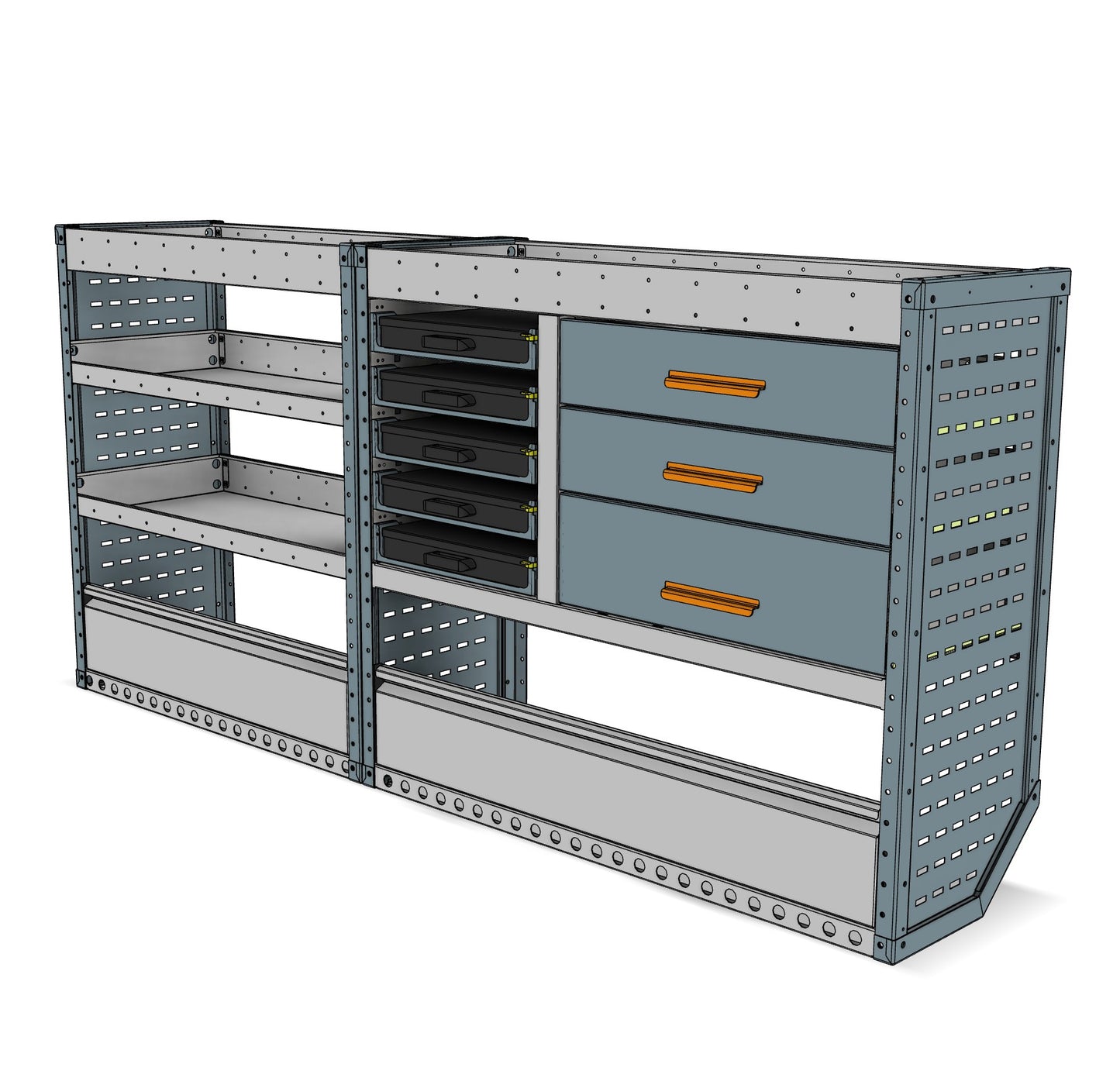 Offside service unit, 3 drawers and 2 shelves, 1050H x 2250W x 435D mm, from the Vivaro, Expert, Dispatch L Van Service Racking kit, view 2