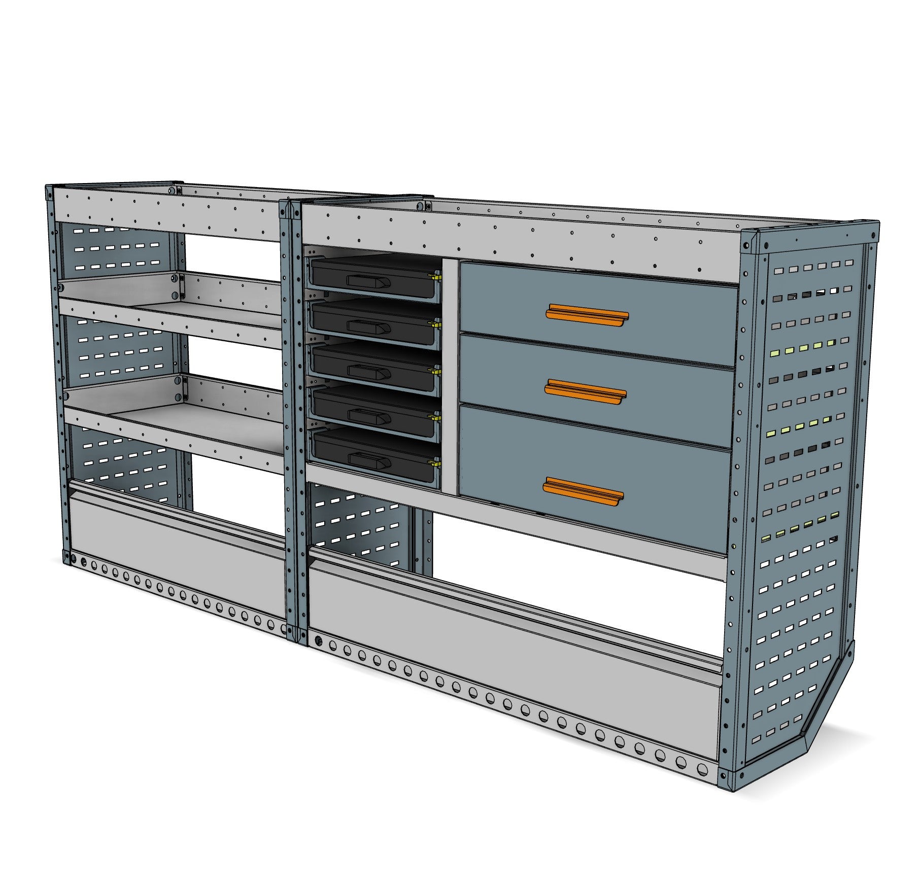Offside service unit, 3 drawers and 2 shelves, 1050H x 2250W x 435D mm, from the Vivaro, Expert, Dispatch L Van Service Racking kit, view 2
