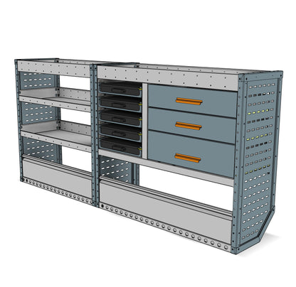 Offside service unit, 3 drawers and 2 shelves, 1050H x 2250W x 435D mm, from the Vivaro, Expert, Dispatch L Van Service Racking kit, view 2
