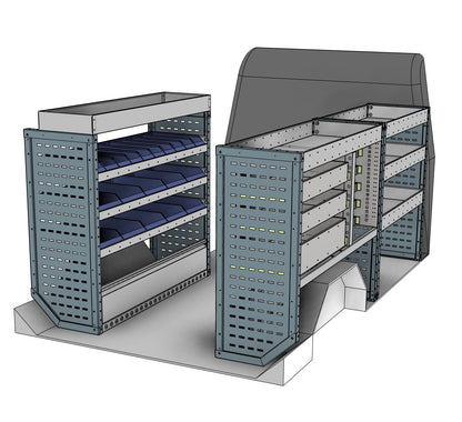 Vivaro, Expert, Dispatch L Van Service Racking full kit, nearside and offside service units shown in the van layout