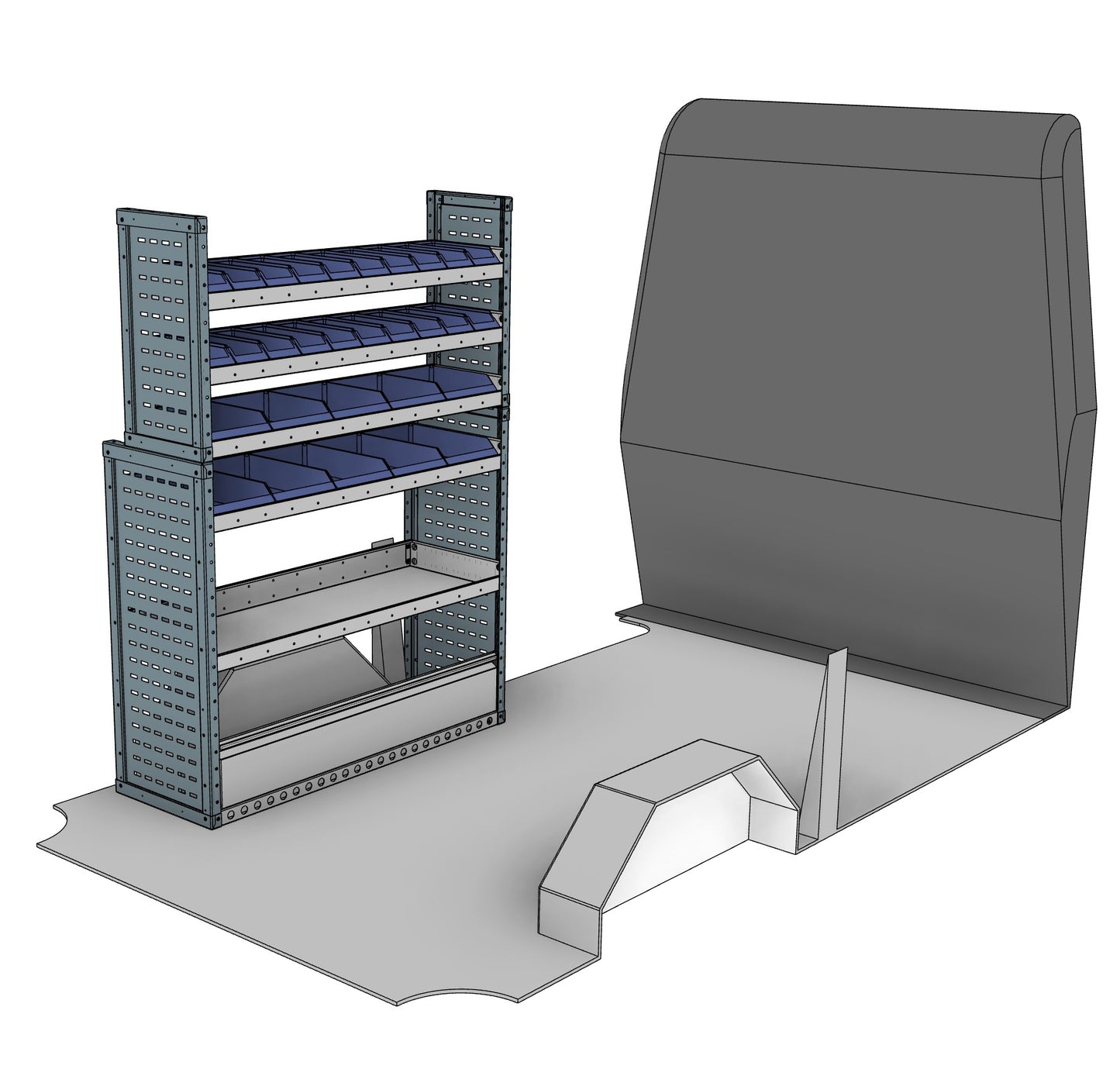 Nearside service unit, 5 shelves, 1712H x 1250W x 435/335D mm, from the Transit, Sprinter L2H2/H3 Van Service Racking kit