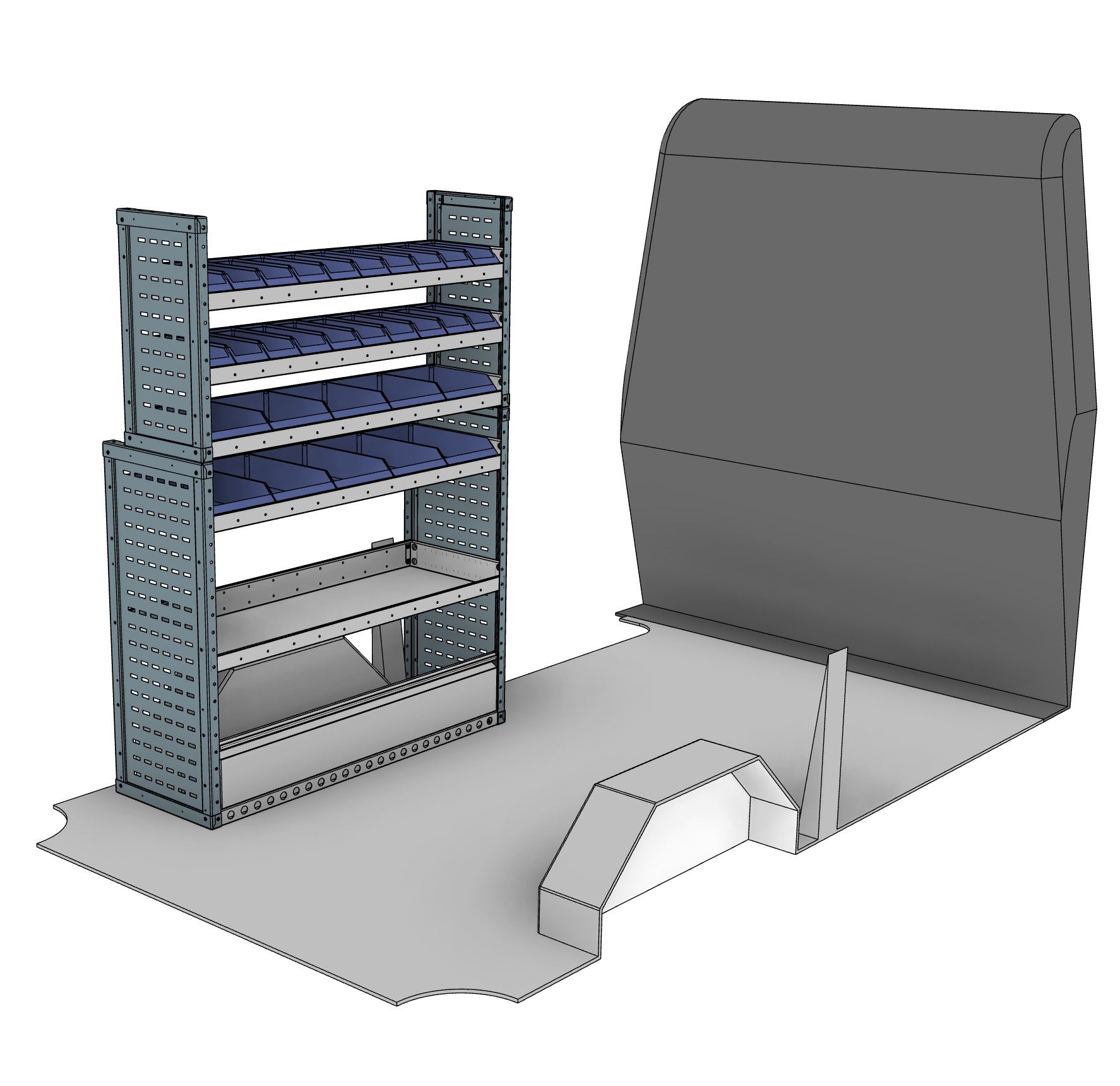 Nearside service unit, 5 shelves, 1712H x 1250W x 435/335D mm, from the Transit, Sprinter L2H2/H3 Van Service Racking kit