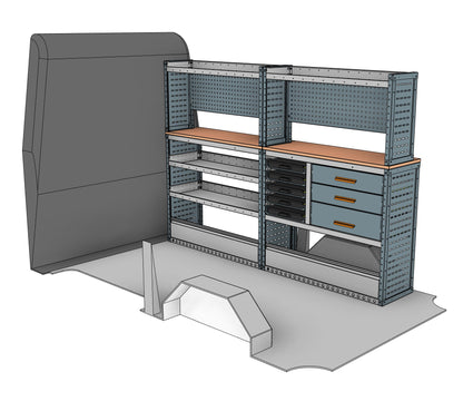 Offside service unit, 3 drawers and 4 shelves, 1737H x 2500W x 435/335D mm, from the Transit, Sprinter L2H2/H3 Van Service Racking kit