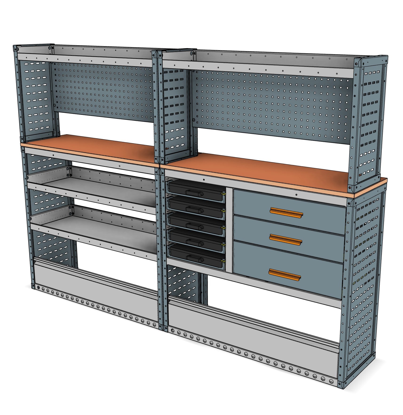 Offside service unit, 3 drawers and 4 shelves, 1737H x 2500W x 435/335D mm, from the Transit, Sprinter L2H2/H3 Van Service Racking kit, view 2