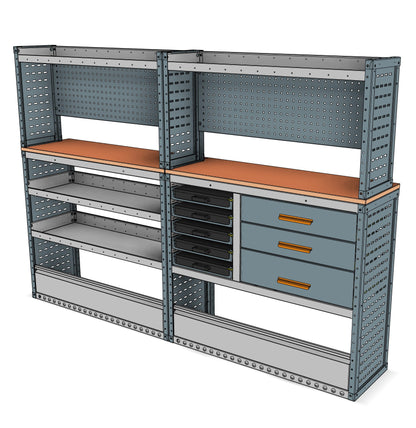 Offside service unit, 3 drawers and 4 shelves, 1737H x 2500W x 435/335D mm, from the Transit, Sprinter L2H2/H3 Van Service Racking kit, view 2