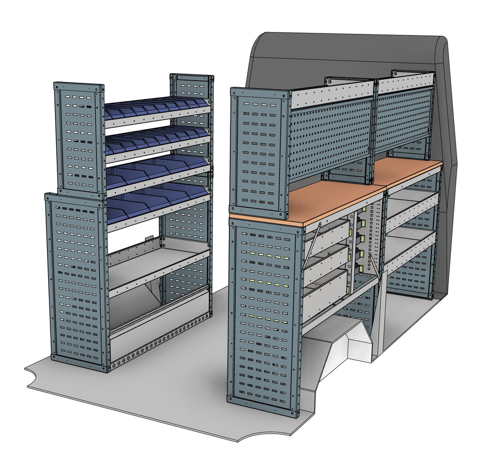 Transit, Sprinter L2H2/H3 Van Service Racking full kit, nearside and offside service units shown in the van layout