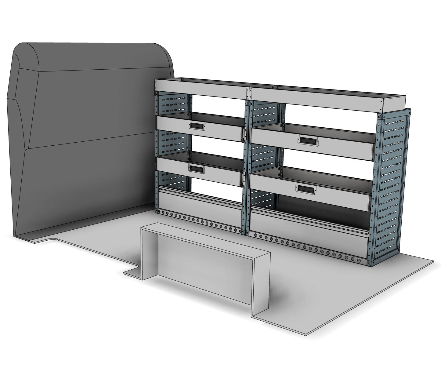 DK001 offside drop-front shelving unit with long item top tray