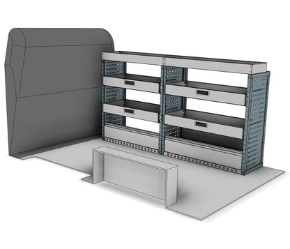 DK001 offside drop-front shelving unit with long item top tray