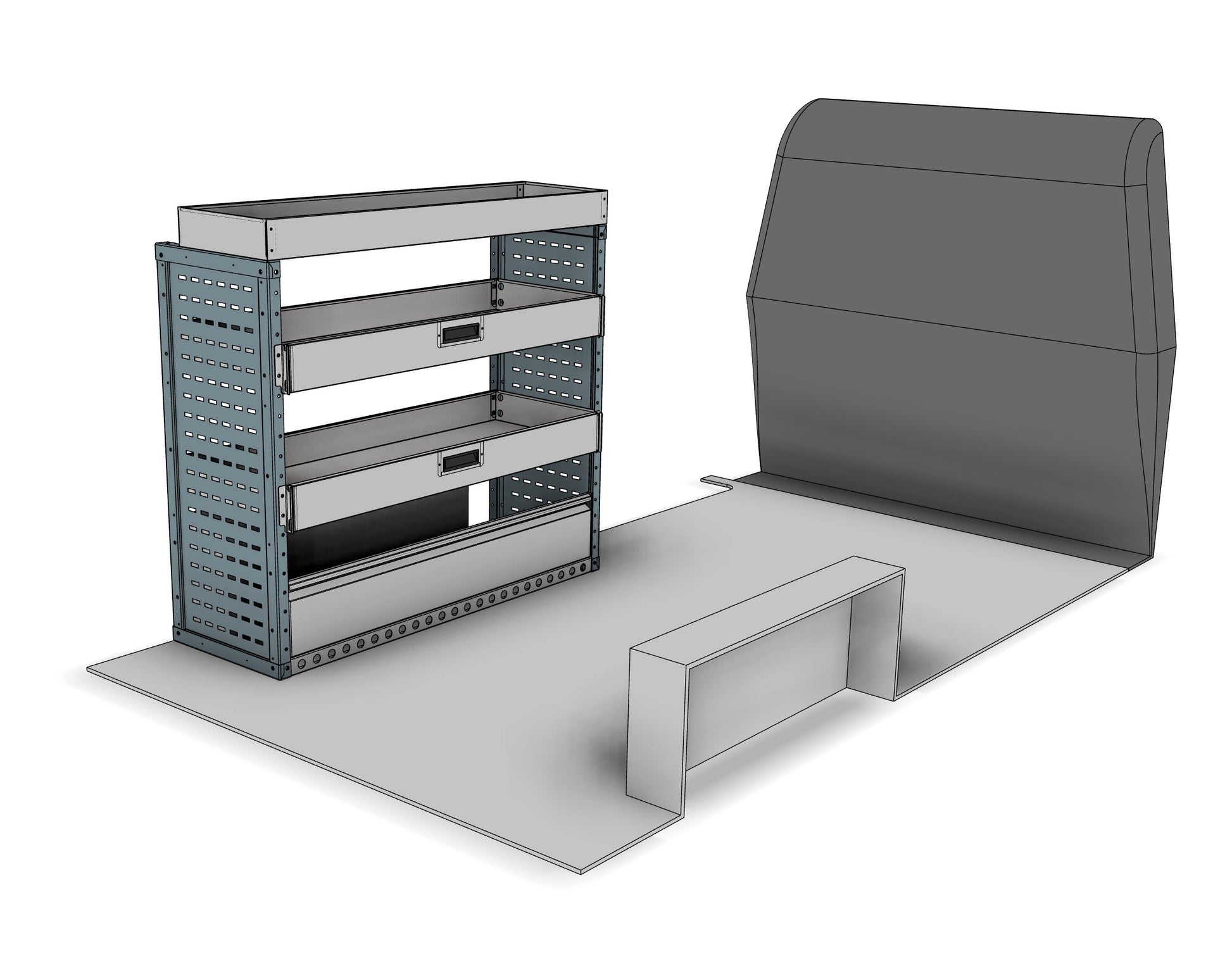 DK002 nearside drop-front shelving unit