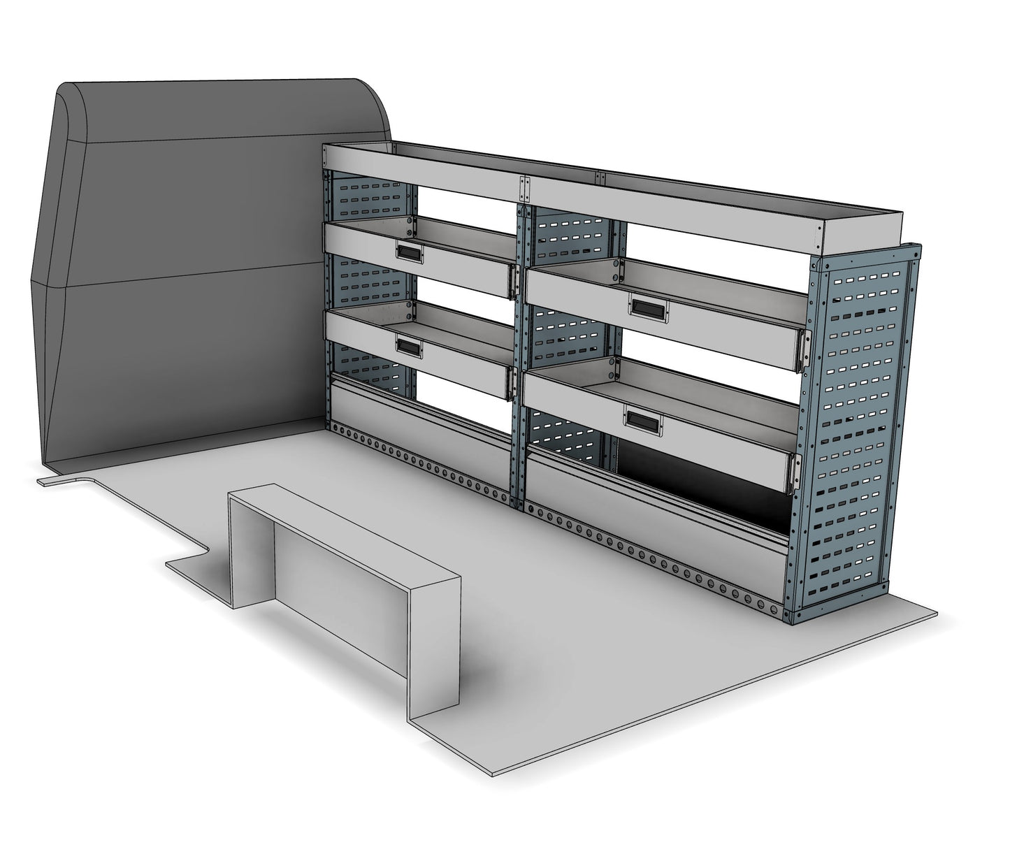 DK002 offside drop-front shelving unit with long item top tray