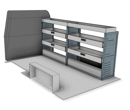 DK002 offside drop-front shelving unit with long item top tray