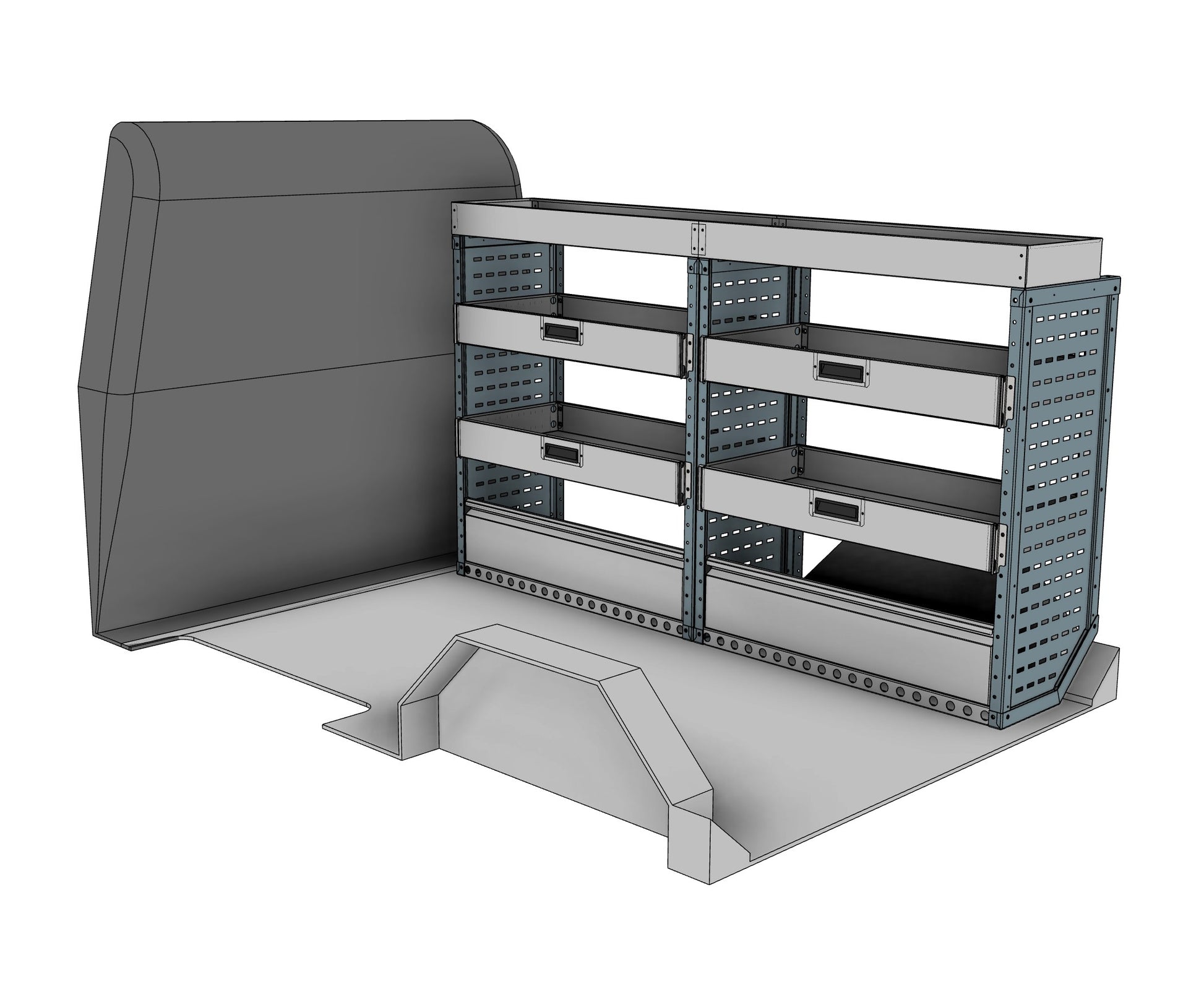 DK025 offside drop-front shelving unit with long item top tray