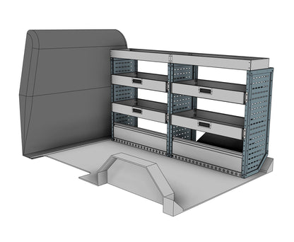 DK025 offside drop-front shelving unit with long item top tray