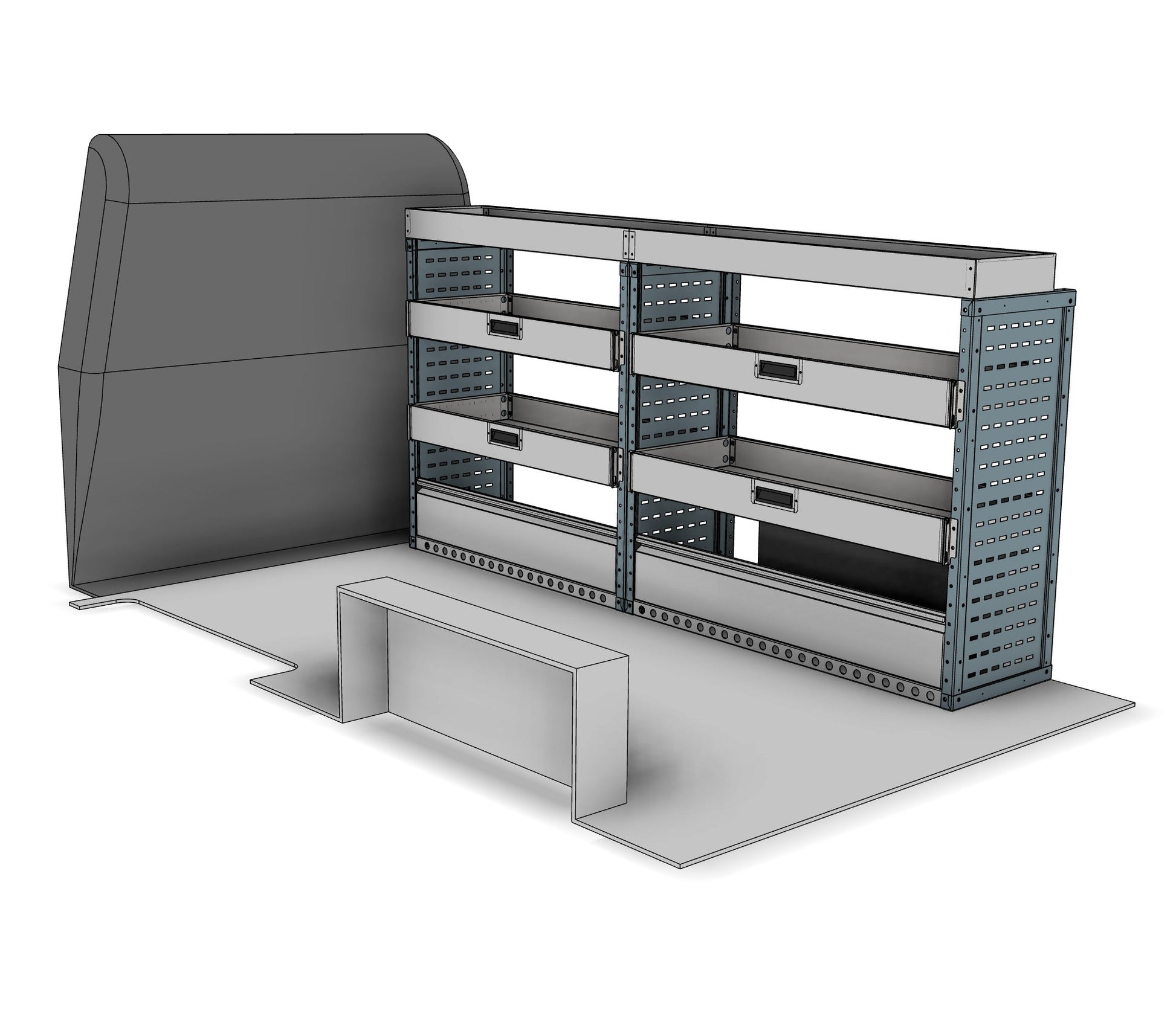 DK028 offside drop-front shelving unit with long item top tray