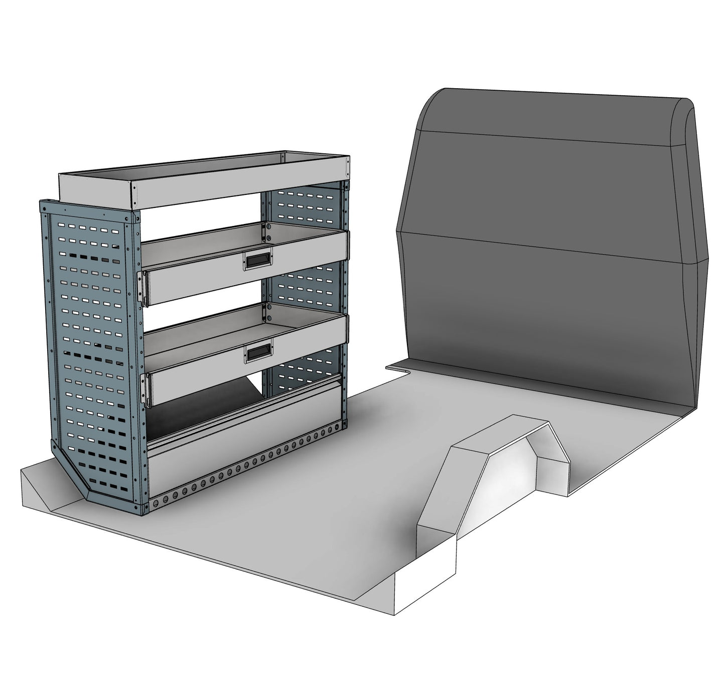 Nearside drop front shelving unit, 2 shelves, 1150H x 1250W x 435D mm, from the Vivaro, Expert, Dispatch L Van Drop Front Racking kit