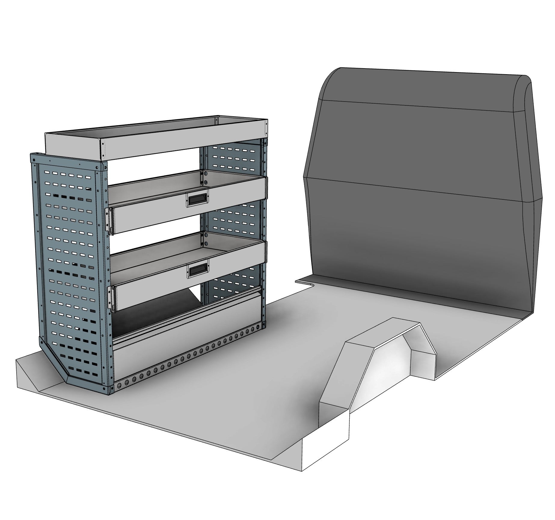 Nearside drop front shelving unit, 2 shelves, 1150H x 1250W x 435D mm, from the Vivaro, Expert, Dispatch L Van Drop Front Racking kit