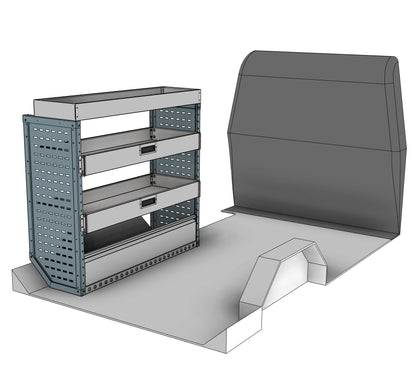 Nearside drop front shelving unit, 2 shelves, 1150H x 1250W x 435D mm, from the Vivaro, Expert, Dispatch L Van Drop Front Racking kit