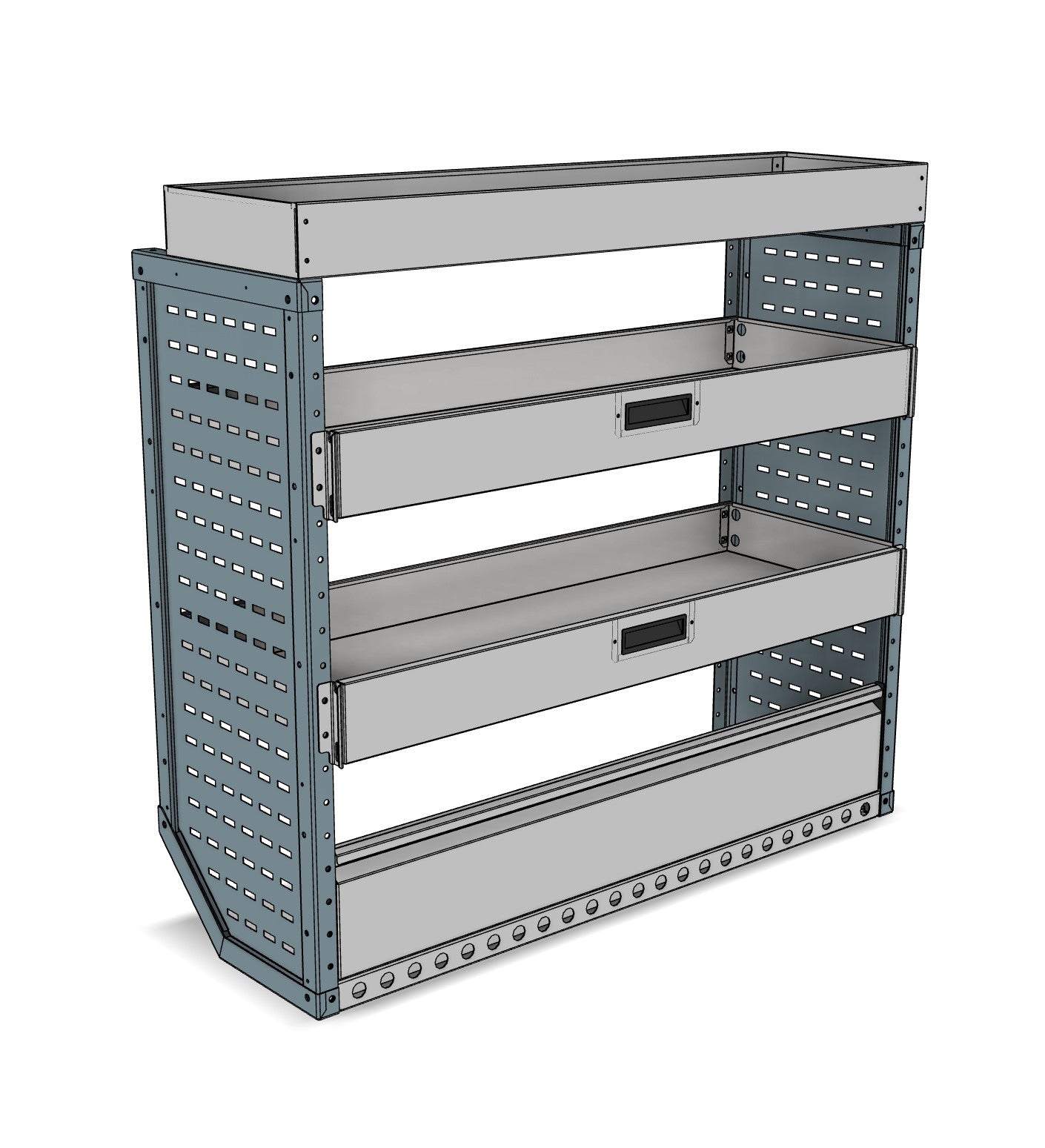 Nearside drop front shelving unit, 2 shelves, 1150H x 1250W x 435D mm, from the Vivaro, Expert, Dispatch L Van Drop Front Racking kit, view 2