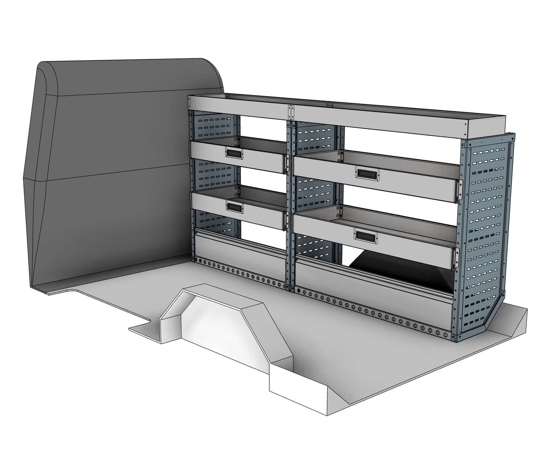 Offside drop front shelving unit, 4 shelves, 1150H x 2250W x 435D mm, from the Vivaro, Expert, Dispatch L Van Drop Front Racking kit