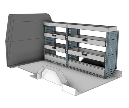 Offside drop front shelving unit, 4 shelves, 1150H x 2250W x 435D mm, from the Vivaro, Expert, Dispatch L Van Drop Front Racking kit