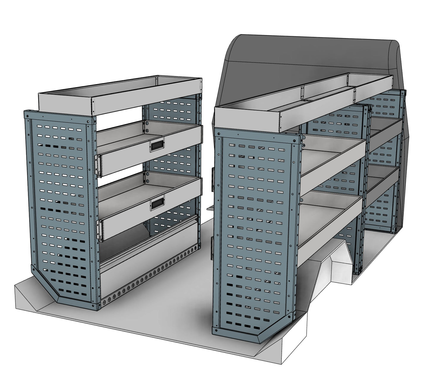 Vivaro, Expert, Dispatch L Van Drop Front Racking full kit, nearside and offside drop front shelving units shown in the van layout