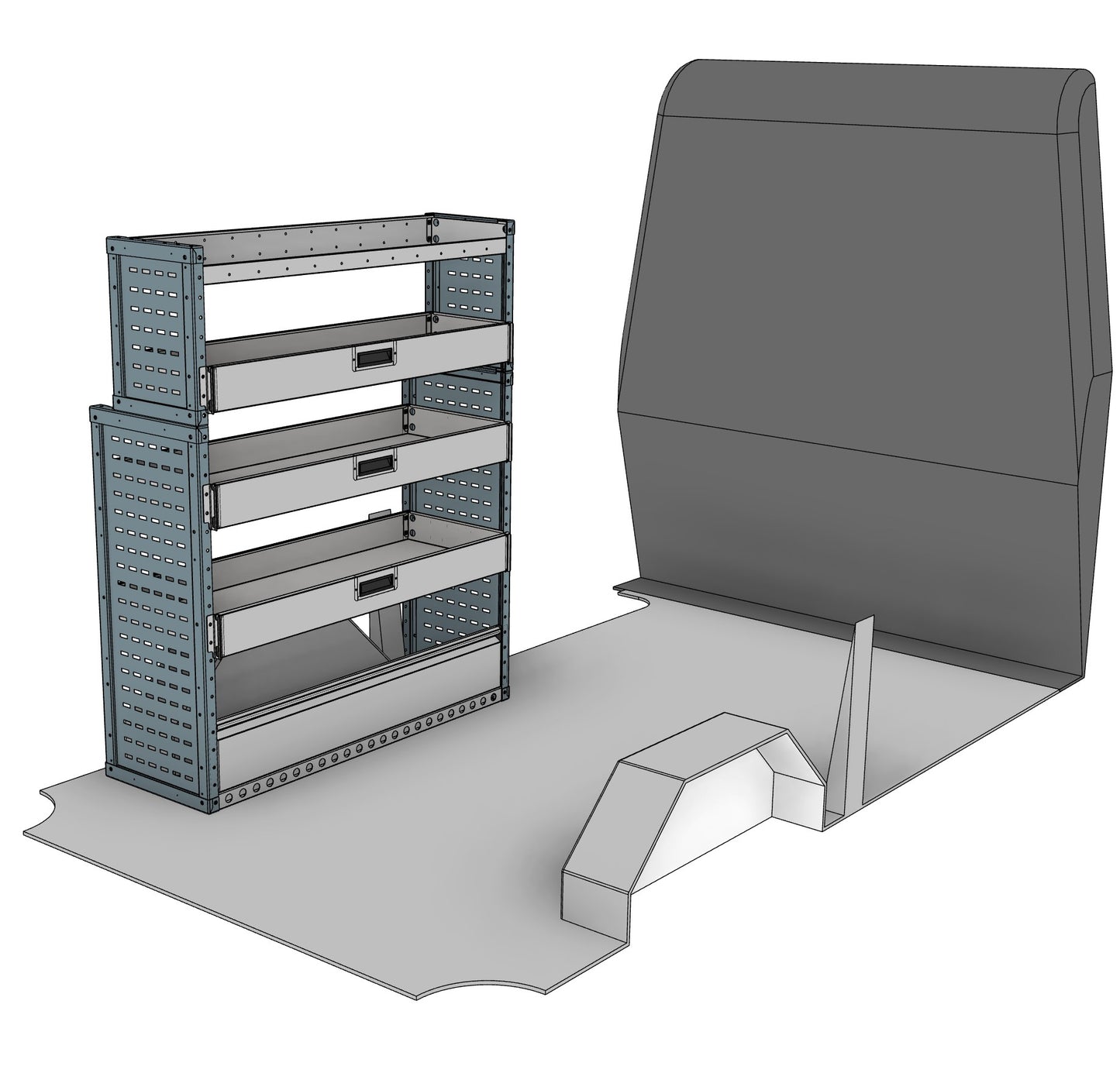 Nearside drop front shelving unit, 4 shelves, 1500H x 1250W x 435/335D mm, from the Transit, Sprinter L2H2/H3 Van Drop Front Racking kit