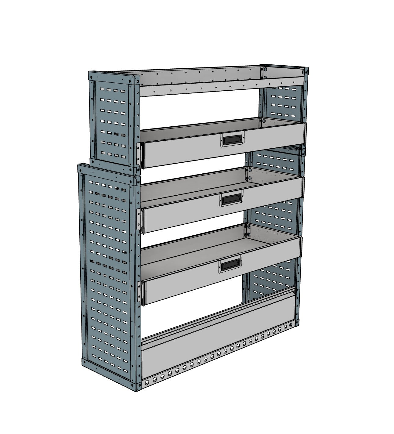 Nearside drop front shelving unit, 4 shelves, 1500H x 1250W x 435/335D mm, from the Transit, Sprinter L2H2/H3 Van Drop Front Racking kit, view 2
