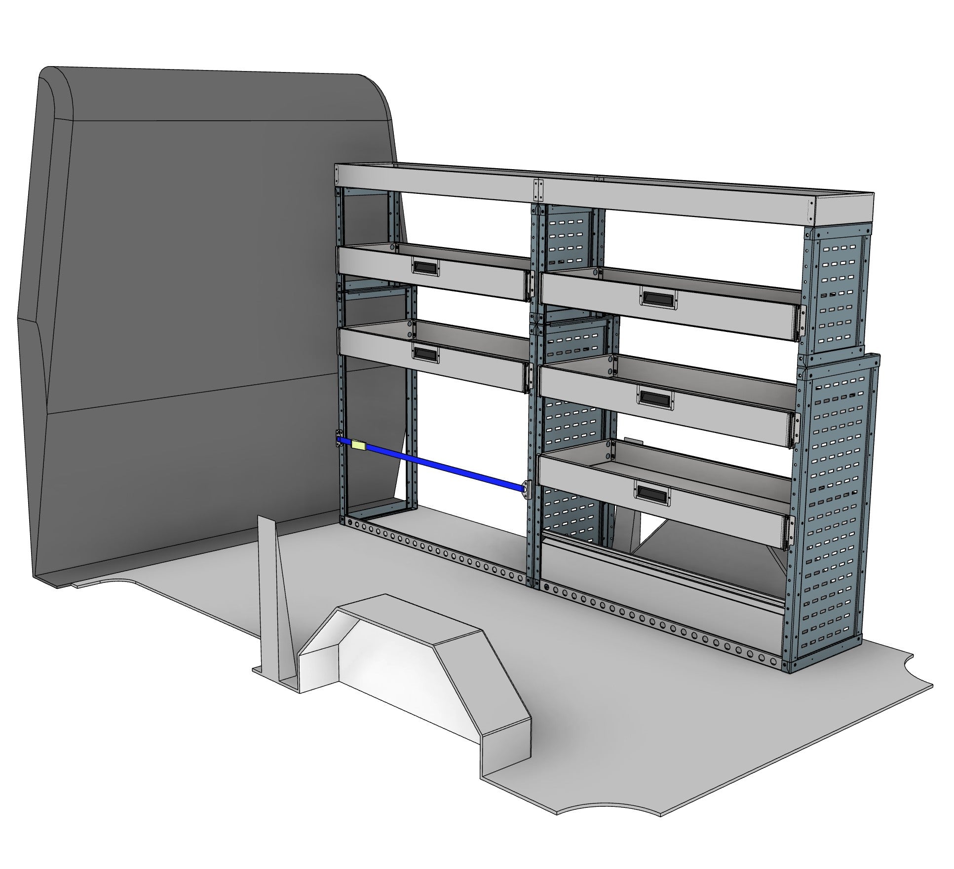 Offside drop front shelving unit, 5 shelves, 1600H x 2500W x 435/335D mm, from the Transit, Sprinter L2H2/H3 Van Drop Front Racking kit
